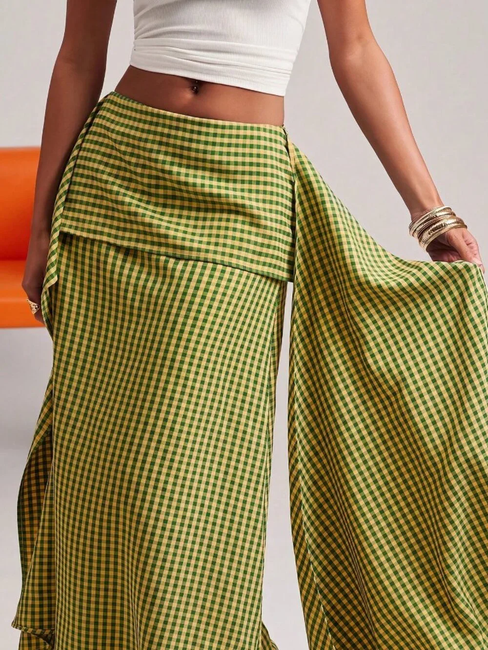 Yellow Casual Women's Gingham Tiered Flare Midi Skirt